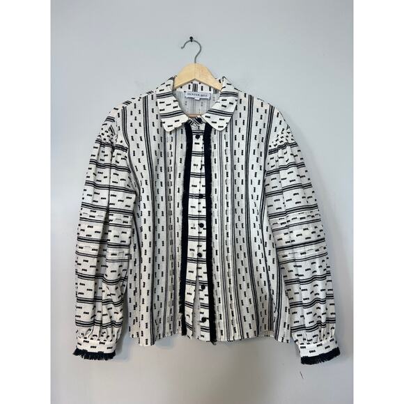 NEW Hunter Bell Ezra Long Sleeves Collared Dot Fringe Button Top in White/Black - Picture 2 of 7
